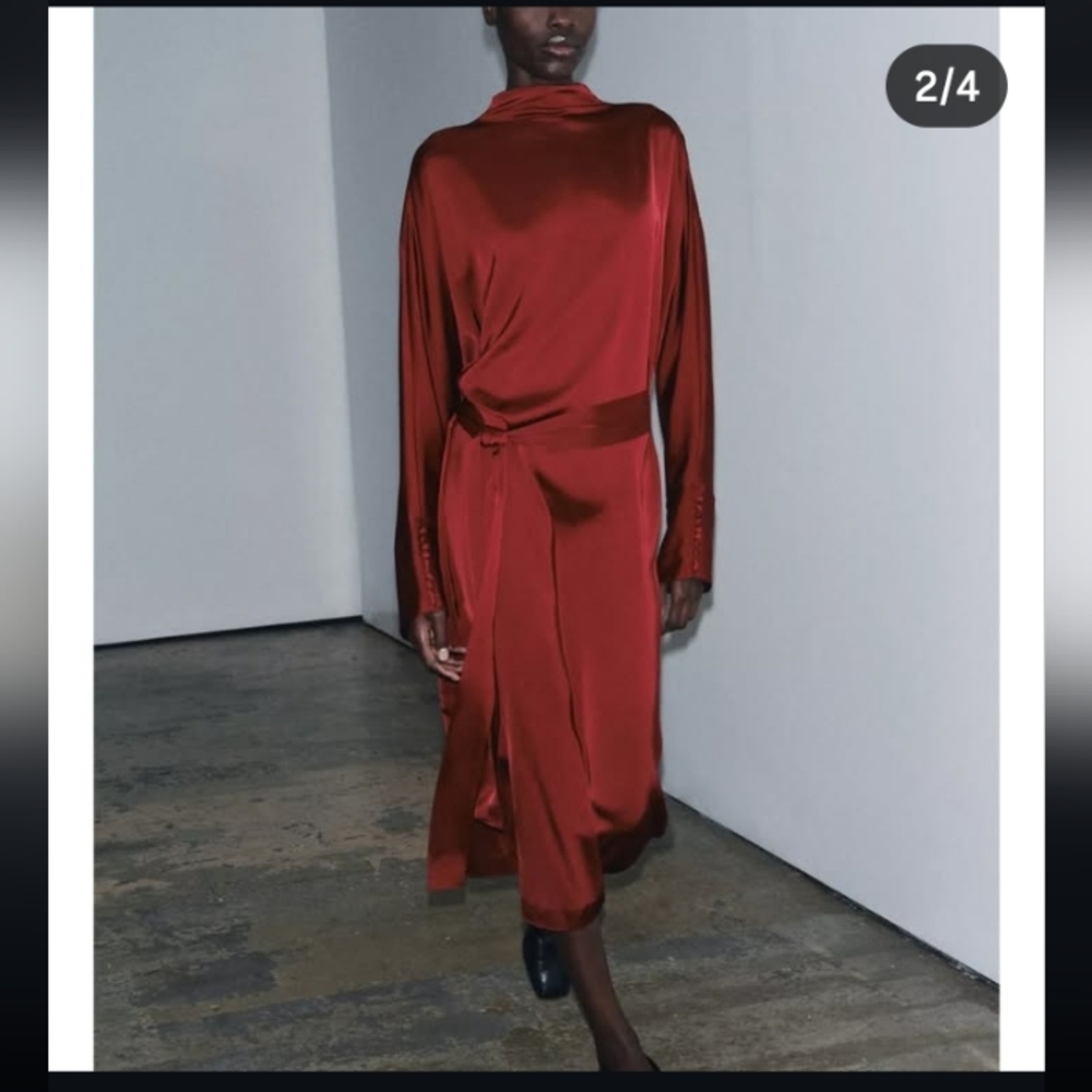 Zara Rust Red Satin Midi Dress - Picture 3 of 6